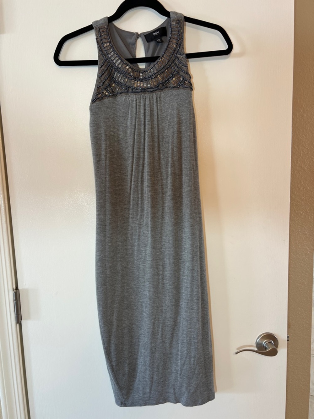 Sleeveless Gray Maxi Dress with Beaded Yoke
